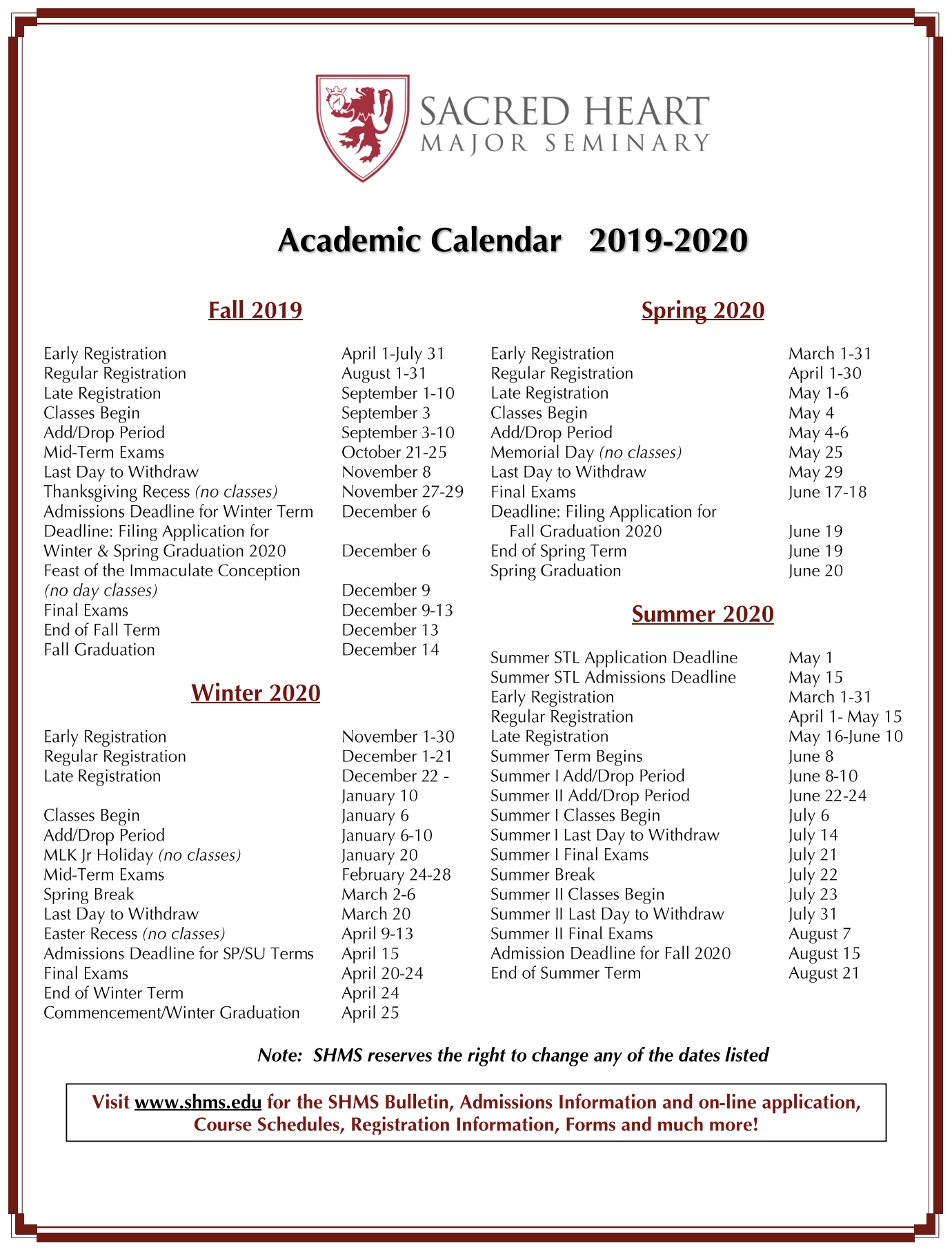 Academic Calendars | Sacred Heart Major Seminary