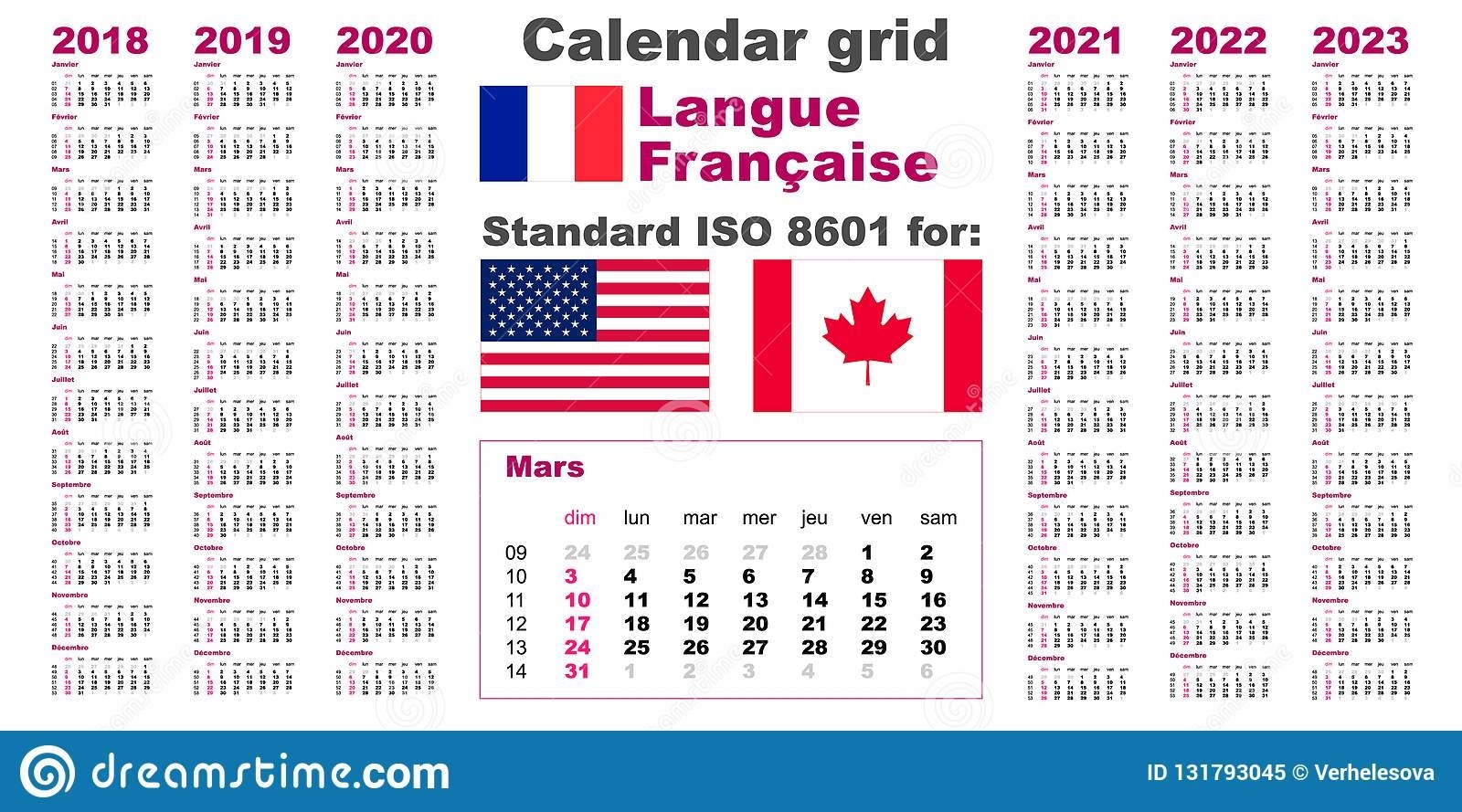 American Calendar Standard Us. French, Gaulish Language 2018