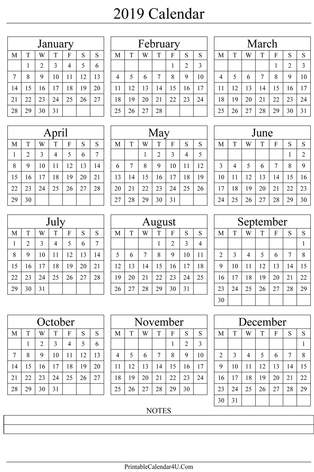 Annual Calendar 2019 Portrait Printable Calendar 2017