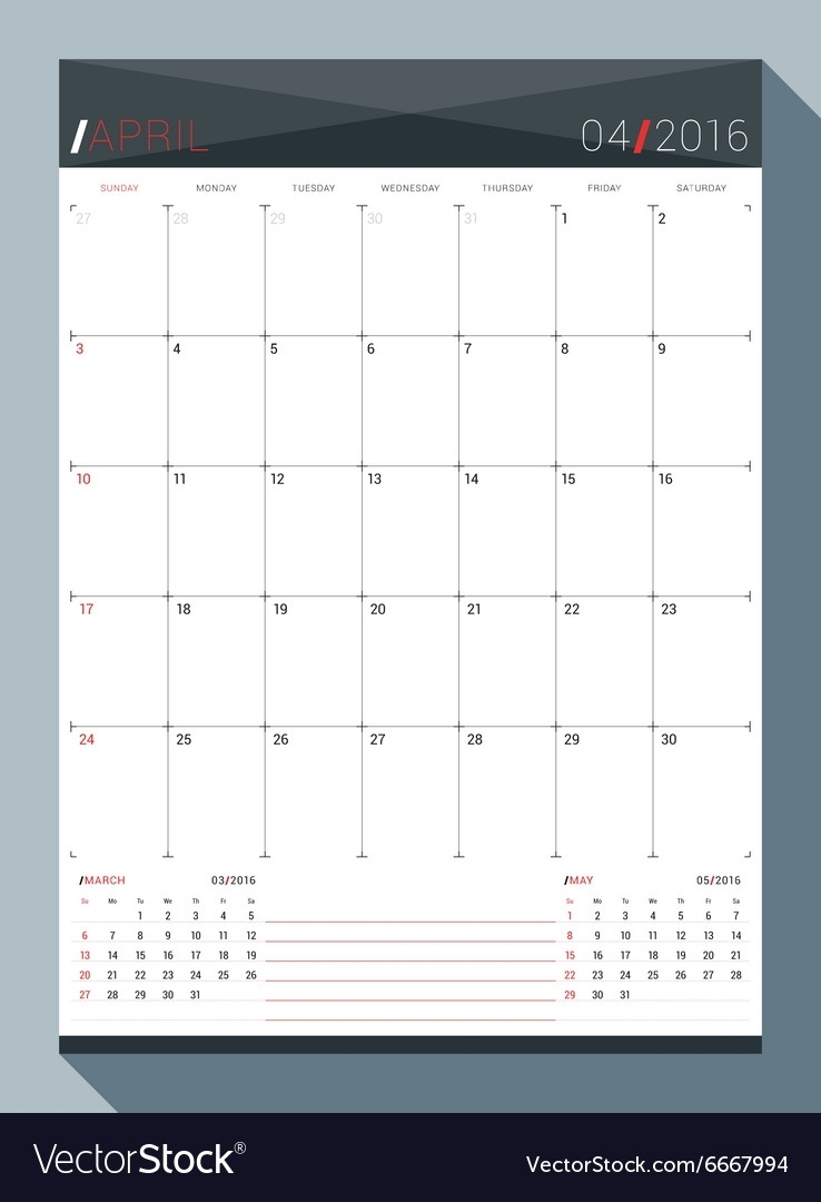 April 2016 Design Print Template Monthly Calendar