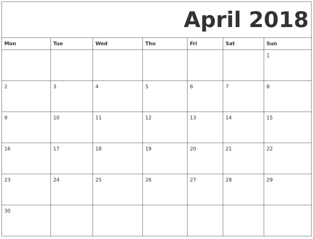 April 2018 Monday Starting Calendar | 2018 Printable