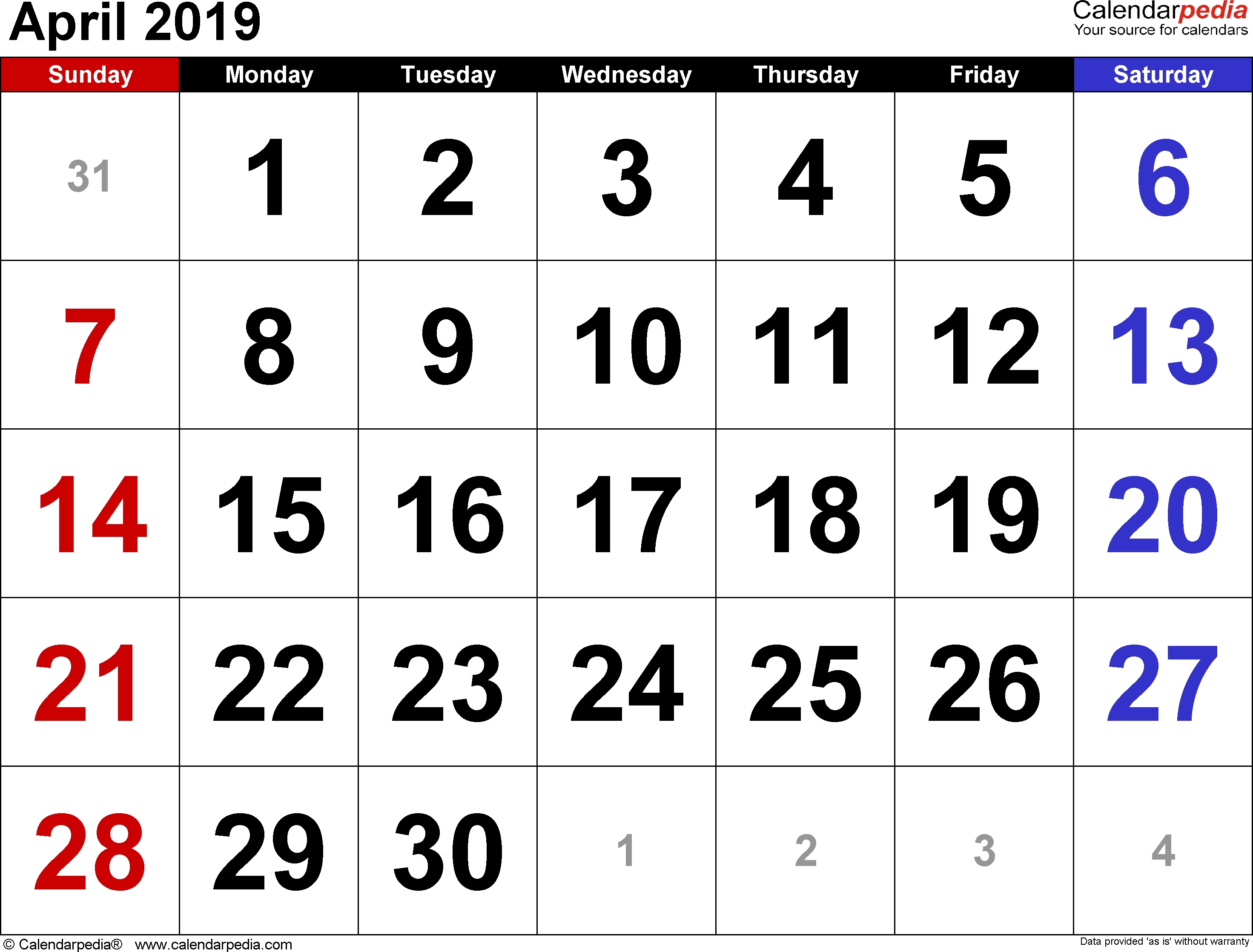 April 2019 Calendars For Word, Excel &amp; Pdf