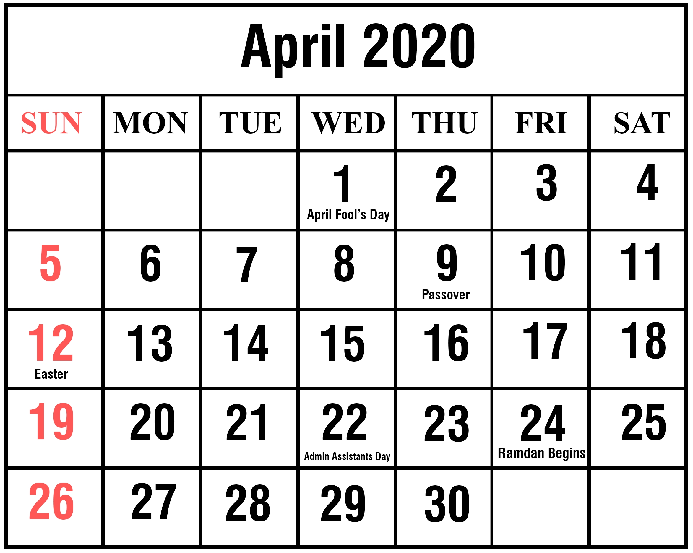 April 2020 Calendar | Printable April Calendar Template