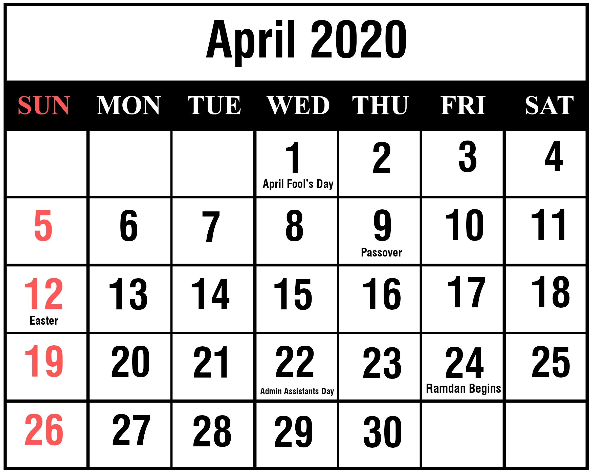 April 2020 Calendar Printable Template Blank Editable Word