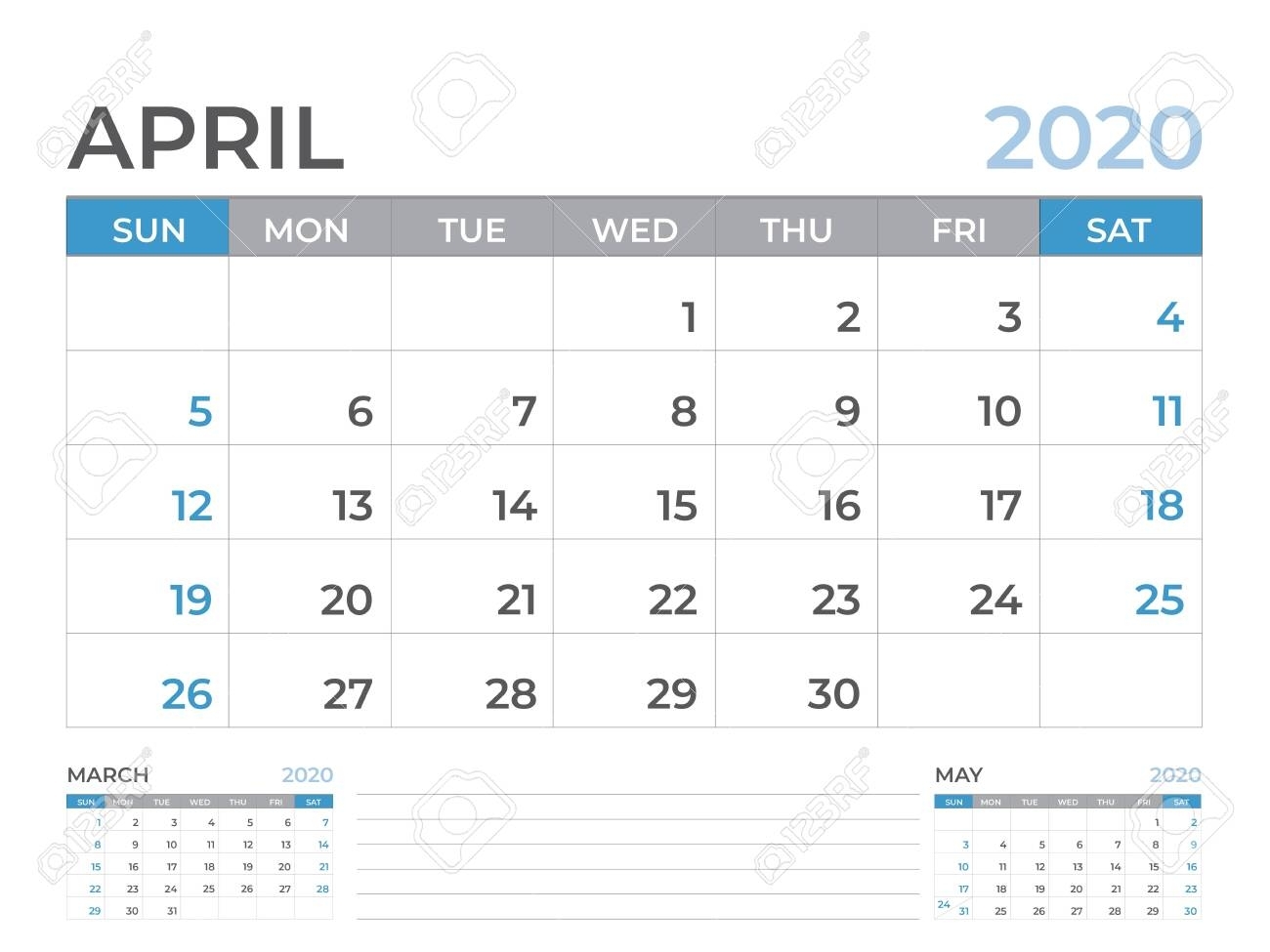 April 2020 Calendar Template, Desk Calendar Layout Size 8 X..