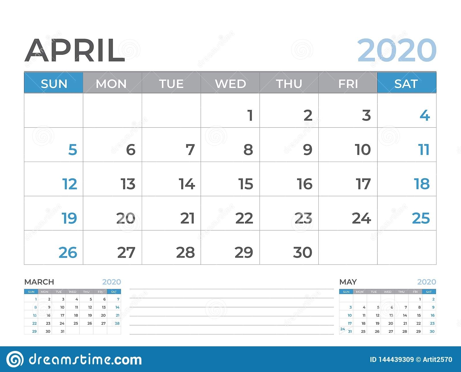 April 2020 Calendar Template, Desk Calendar Layout Size 8 X