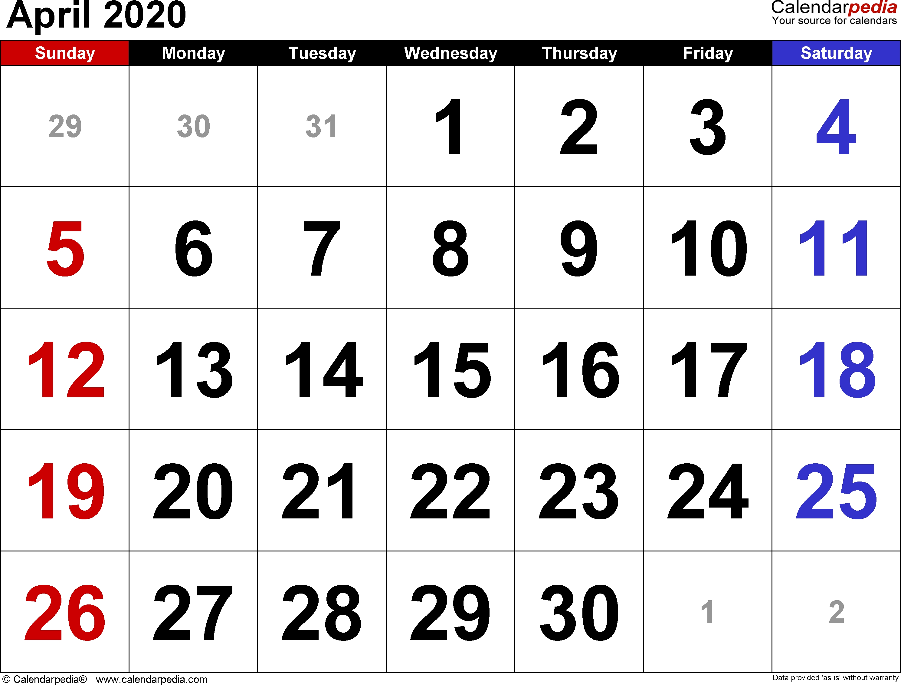 April 2020 Calendars For Word, Excel &amp; Pdf