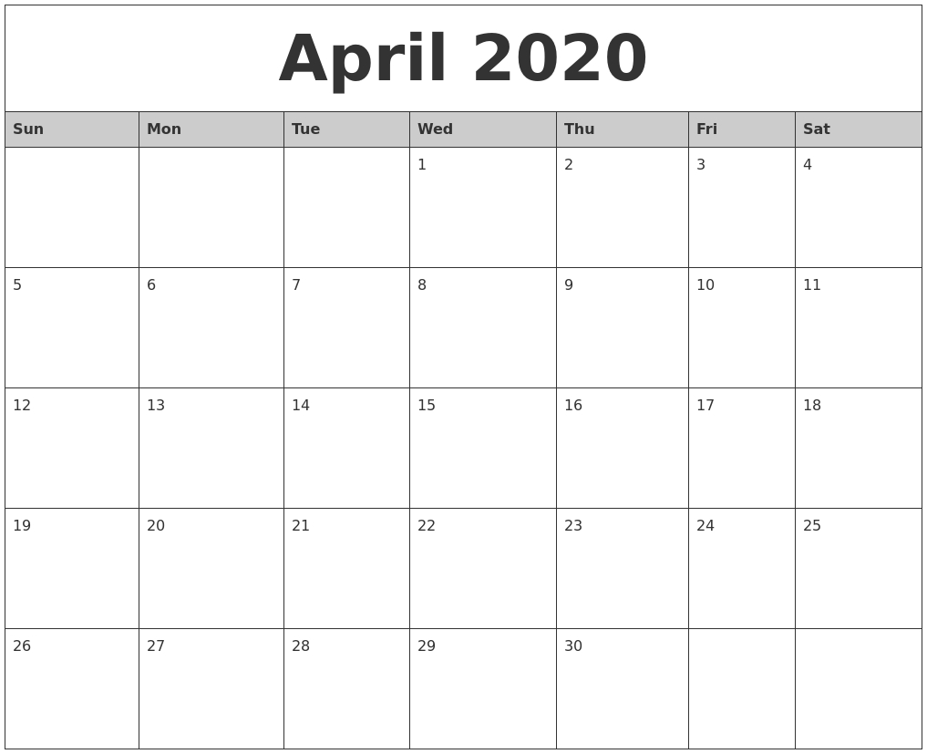 April 2020 Monthly Calendar Printable