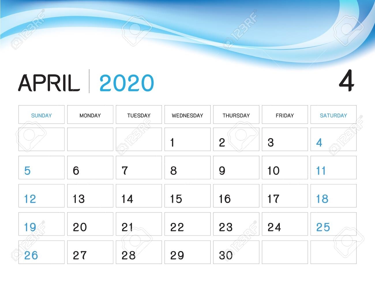 April 2020 Year Template, Calendar 2020 Vector, Desk Calendar..