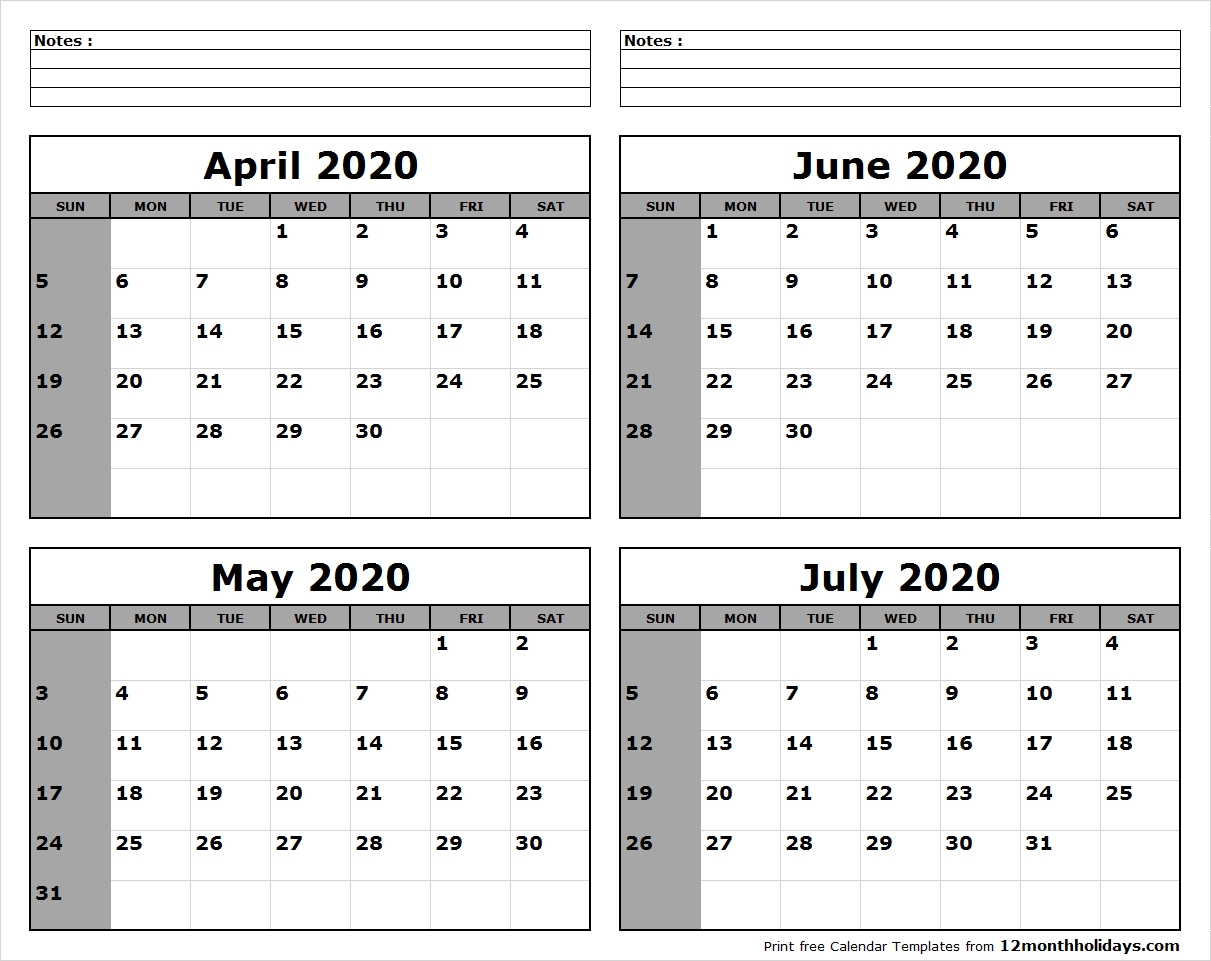 April-May-June-July-2020-Calendar-To-Print - All 12 Month