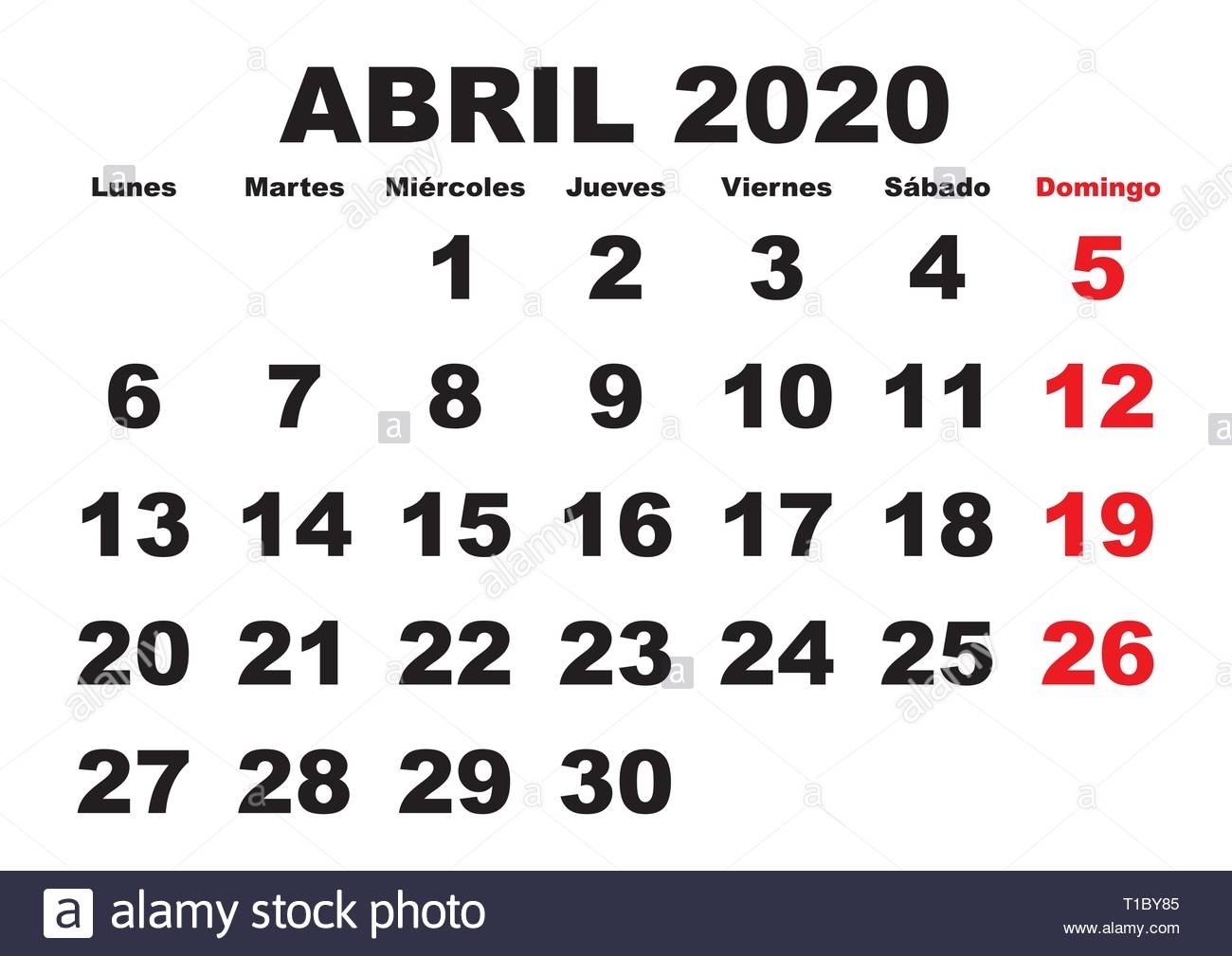 April Month In A Year 2020 Wall Calendar In Spanish. Abril