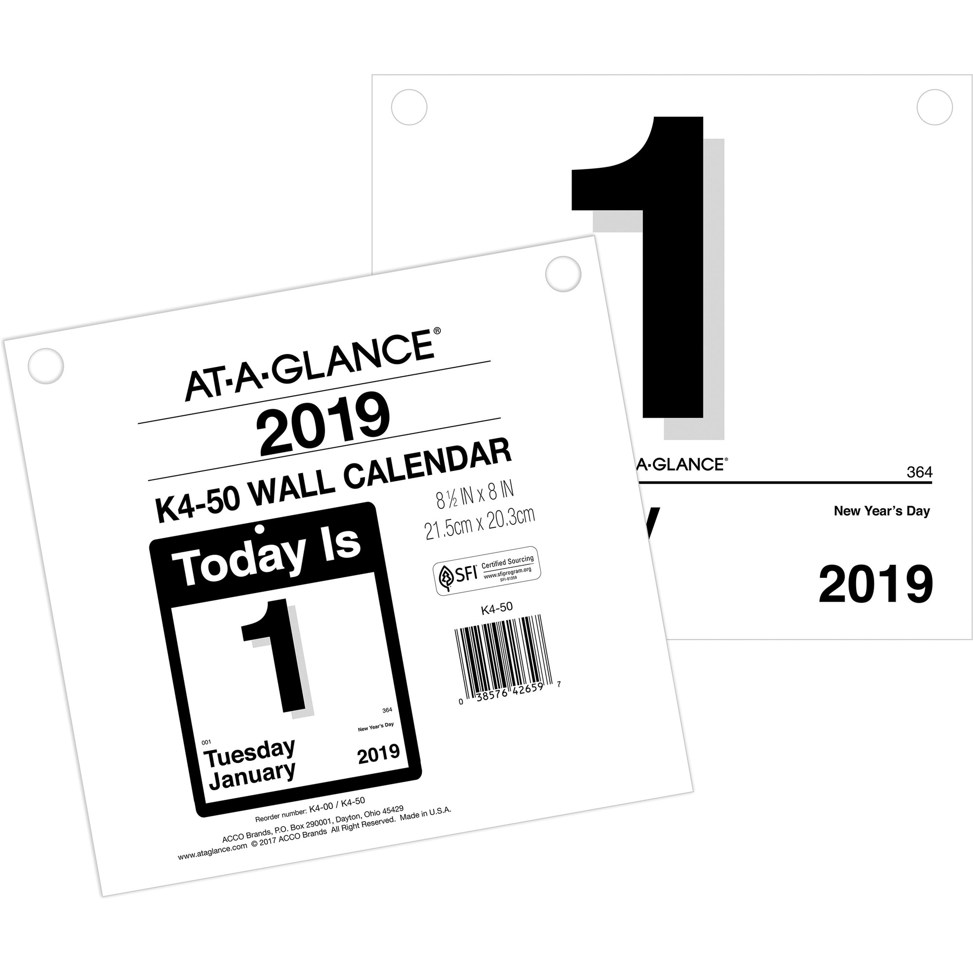 At-A-Glance Today Is Daily Wall Calendar Refill - Yes - Daily - 1 Year -  January 2019 Till December 2019 - 1 Day Single Page Layout - 8 1/2 X 8 -  Wall
