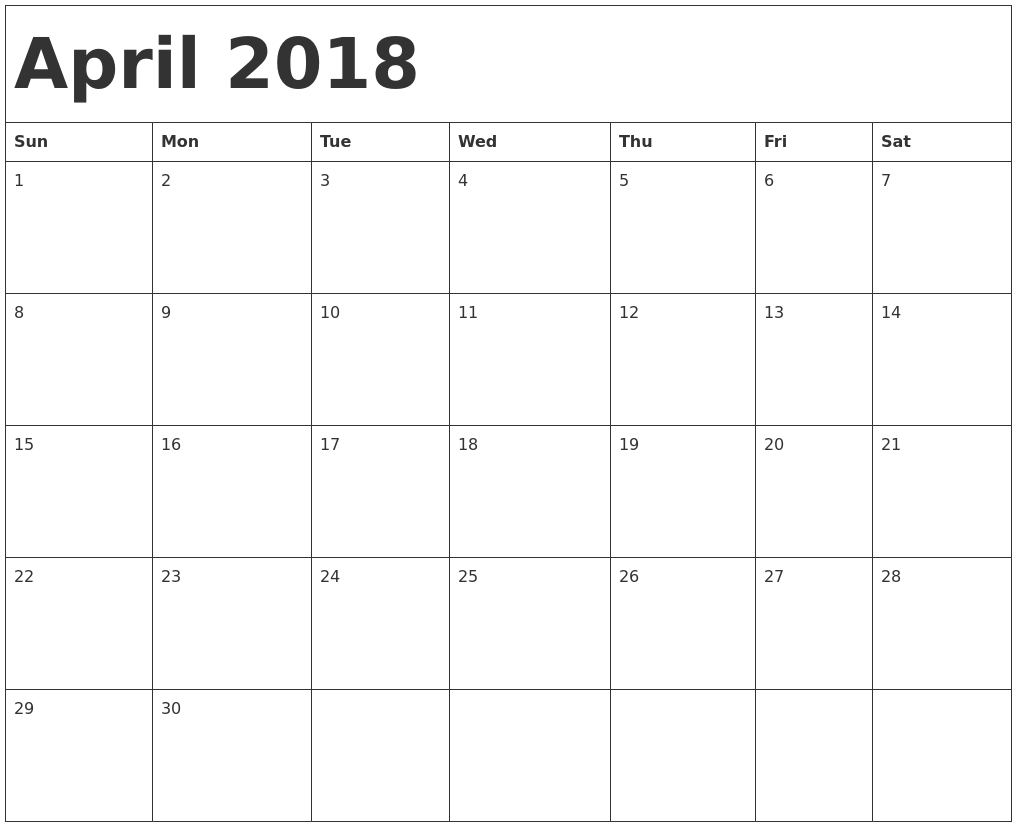 August 2018 Bank Holidays — April Calendar Printable