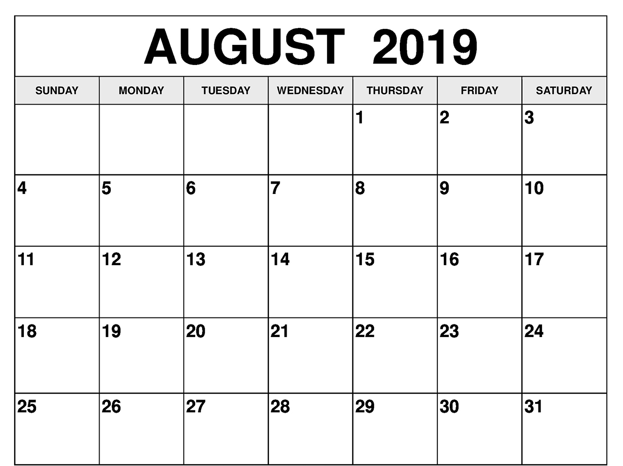 August 2019 Calendar Excel With Blank Printable Template