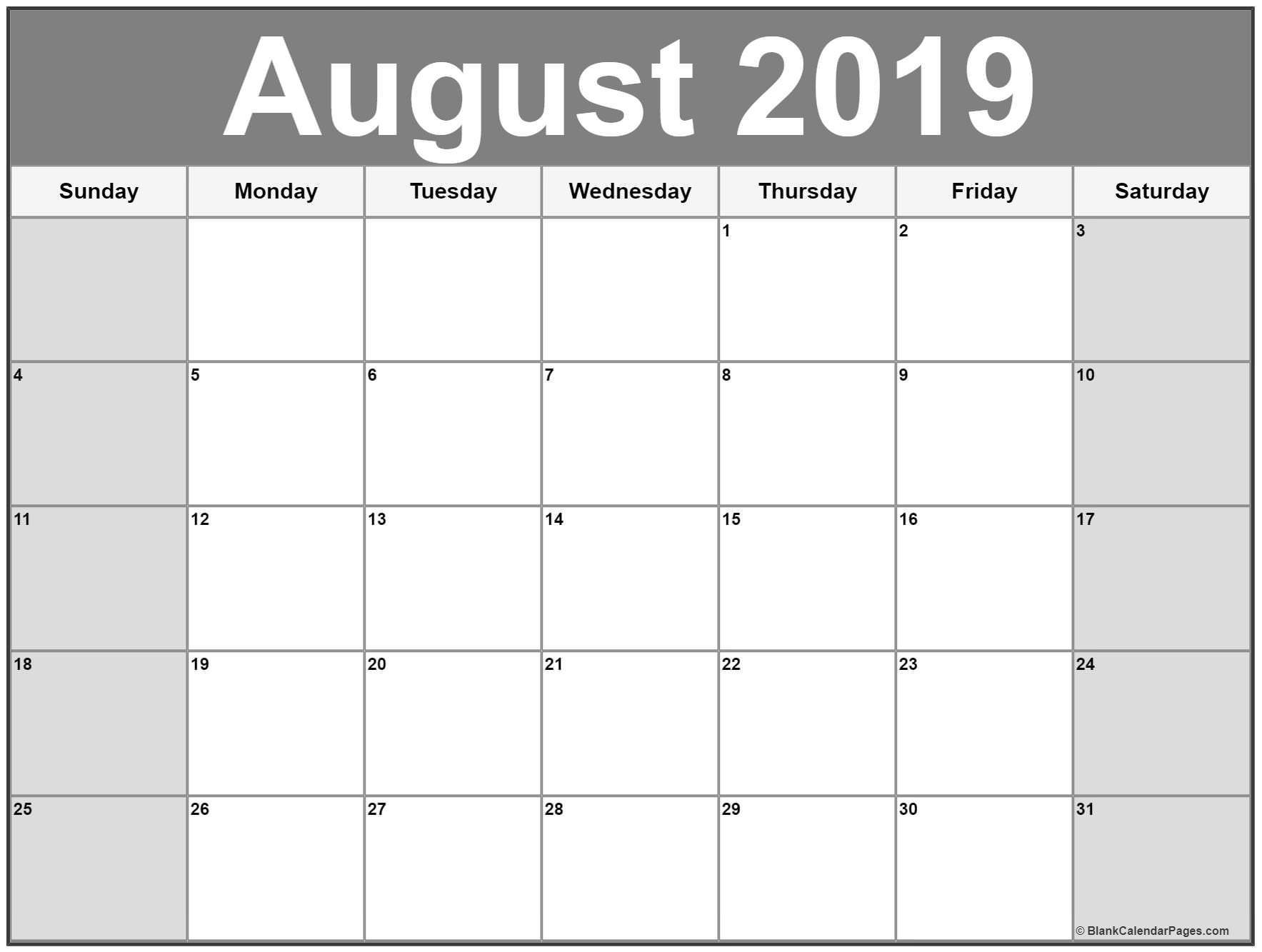 August 2019 Calendar | Free Printable Monthly Calendars