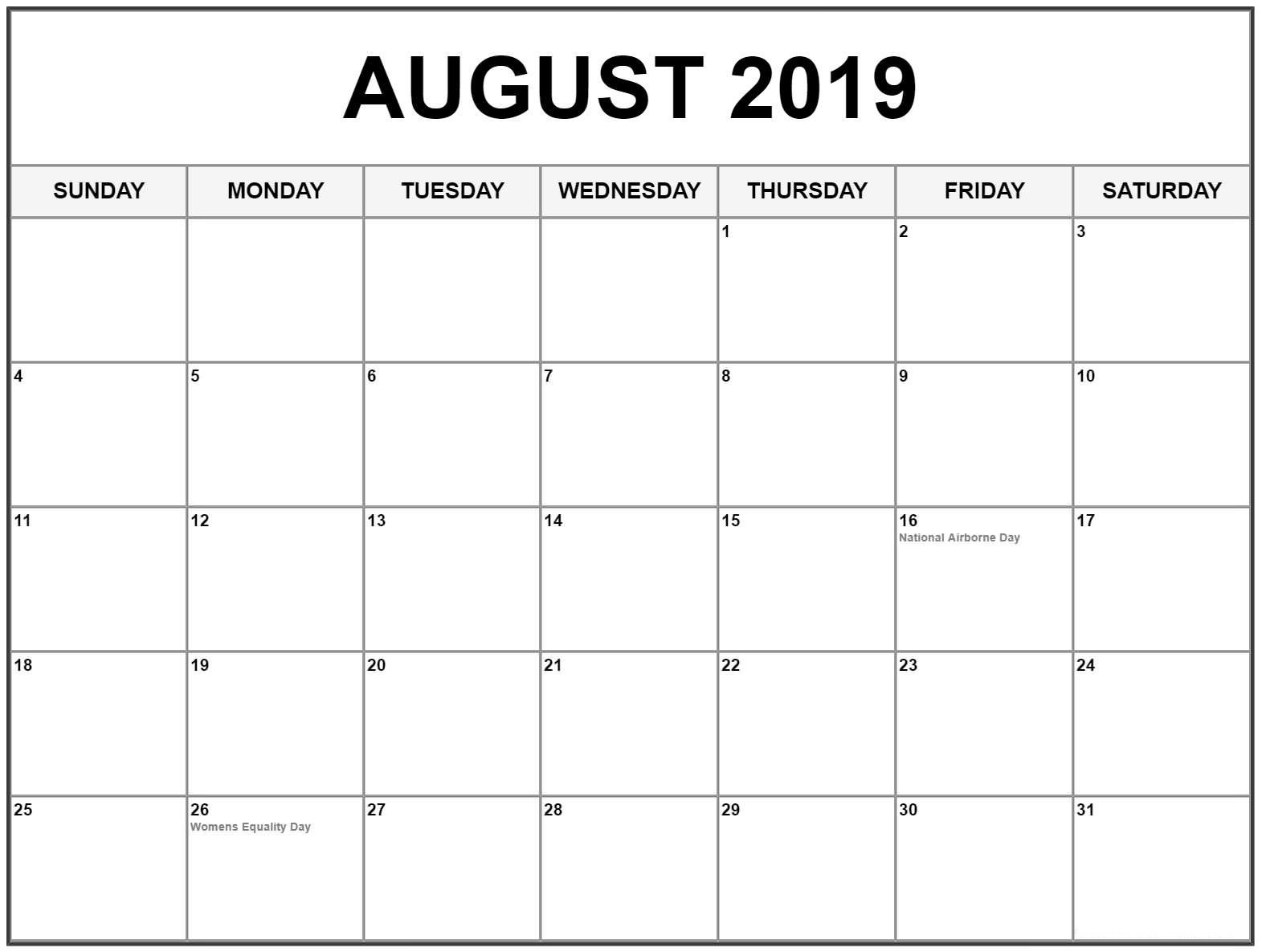 August 2019 Calendar With Holidays Usa, Canada | August