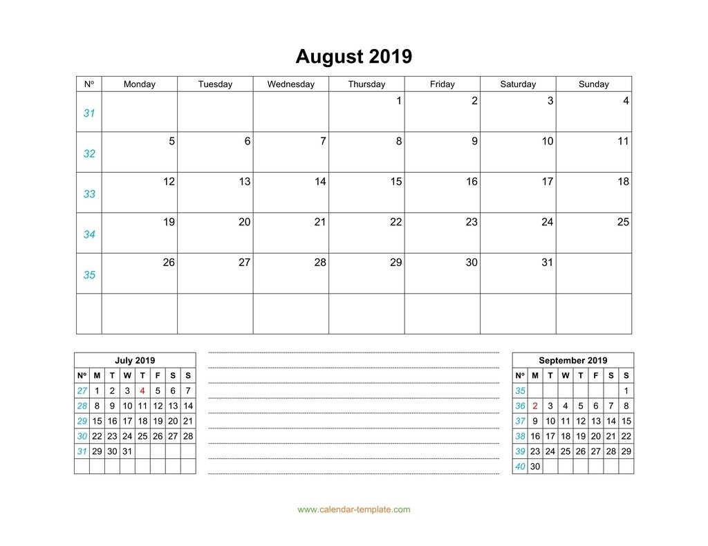August 2019 Calendar With Previous And Next Month (Bottom)