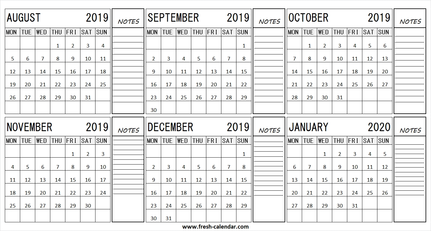 August 2019 January 2020 Half Year Calendar | 2019 Format