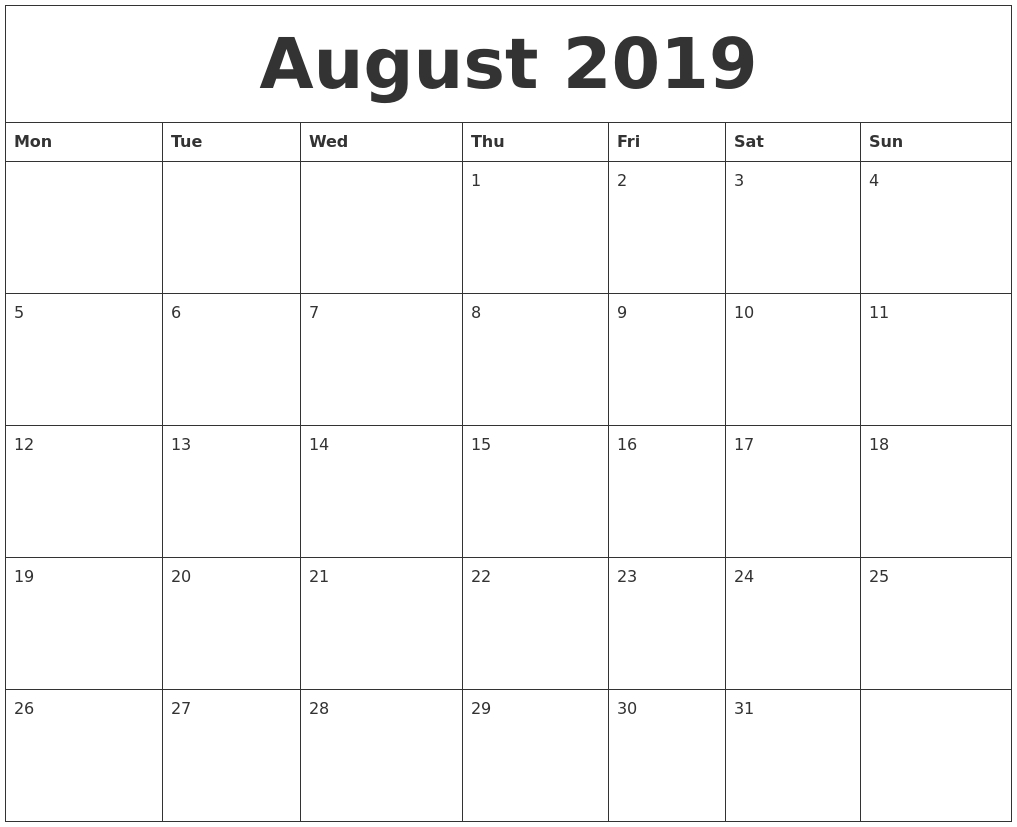 August 2019 Large Printable Calendar