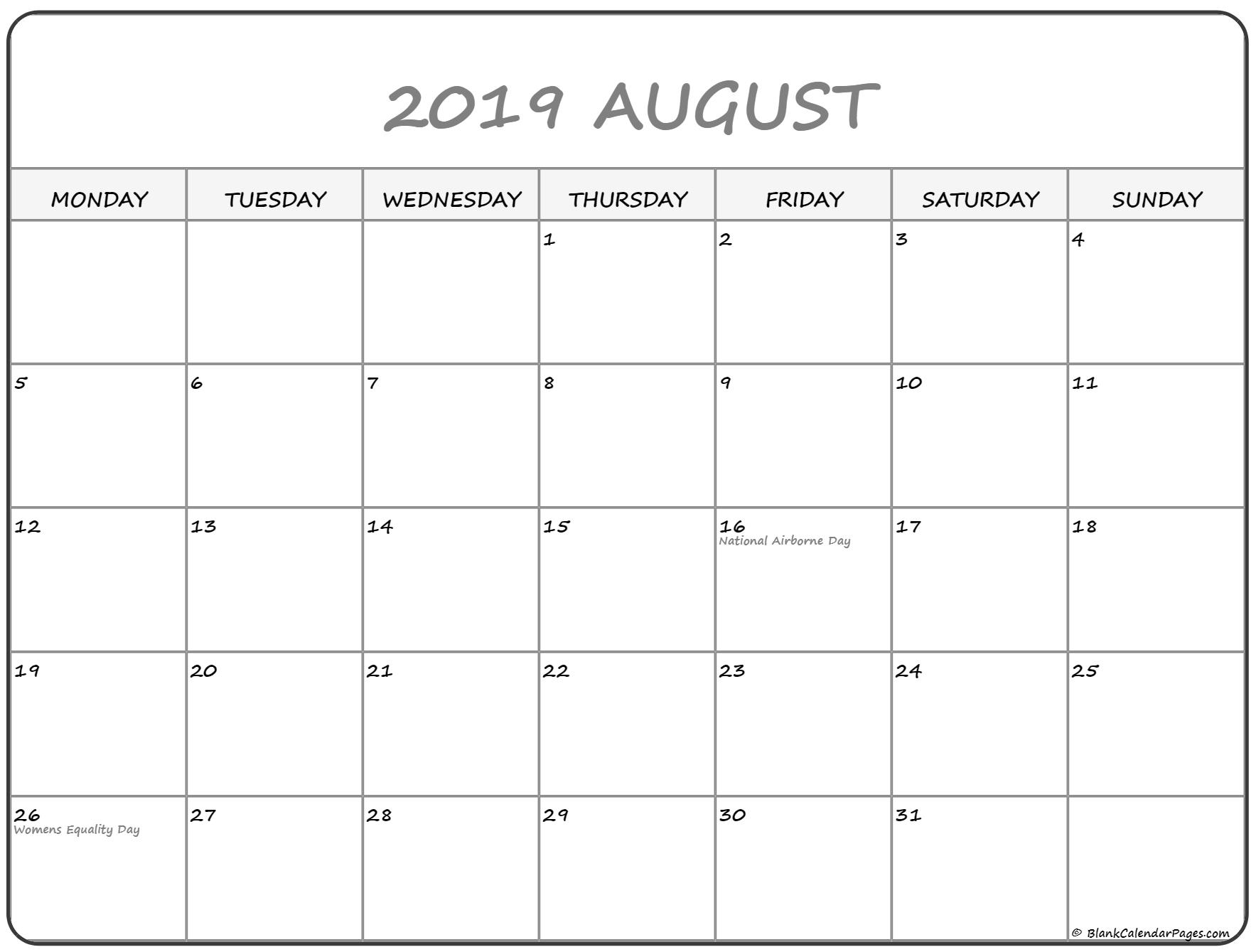 August 2019 Monday Calendar | Monday To Sunday