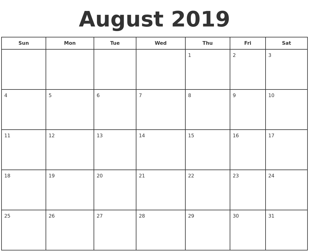 August 2019 Print A Calendar