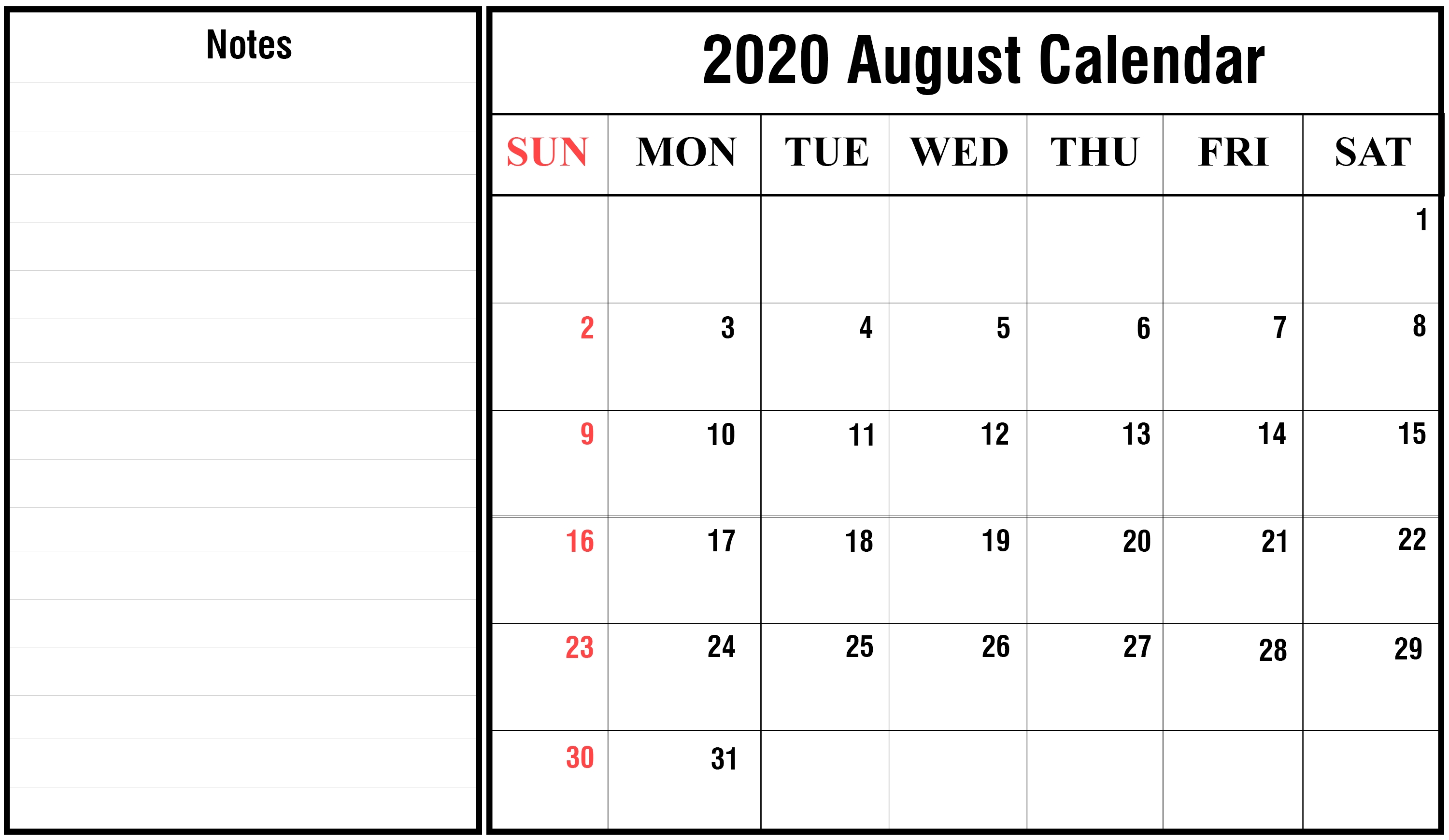 August 2020 Calendar Printable - Ko-Fi ❤️ Where Creators