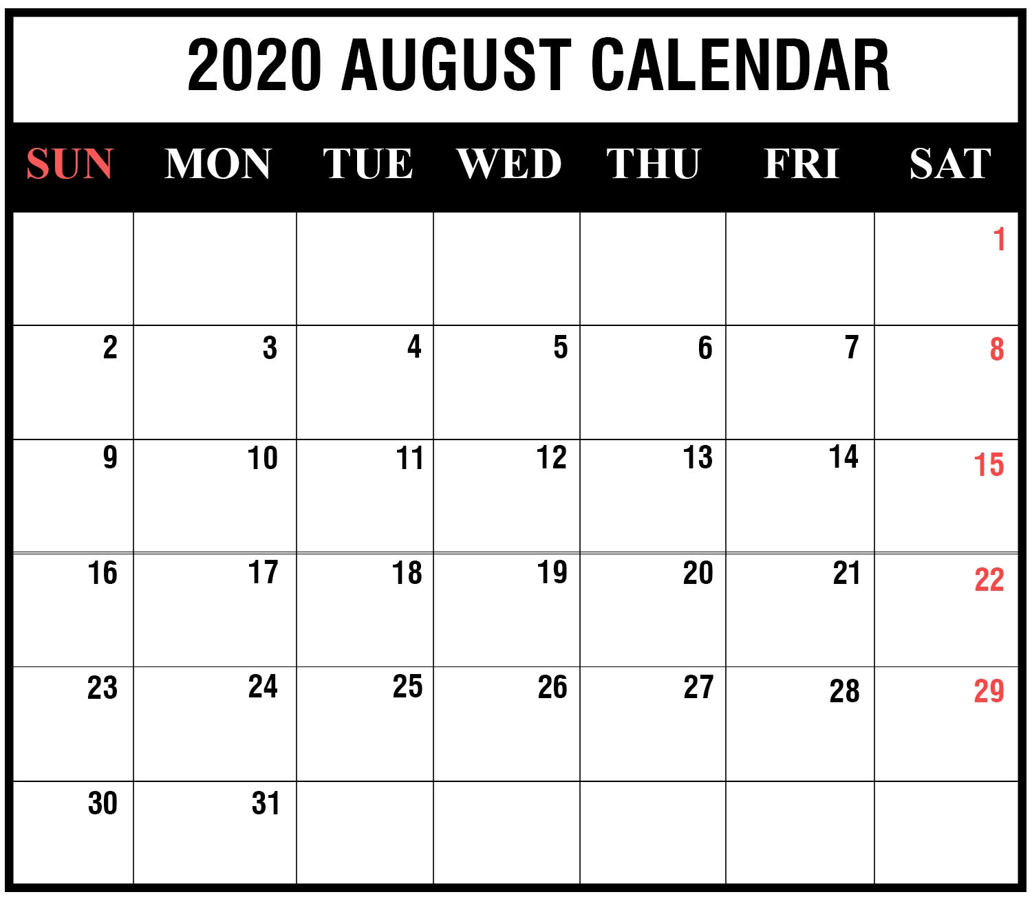 August 2020 Calendar Printable - Ko-Fi ❤️ Where Creators