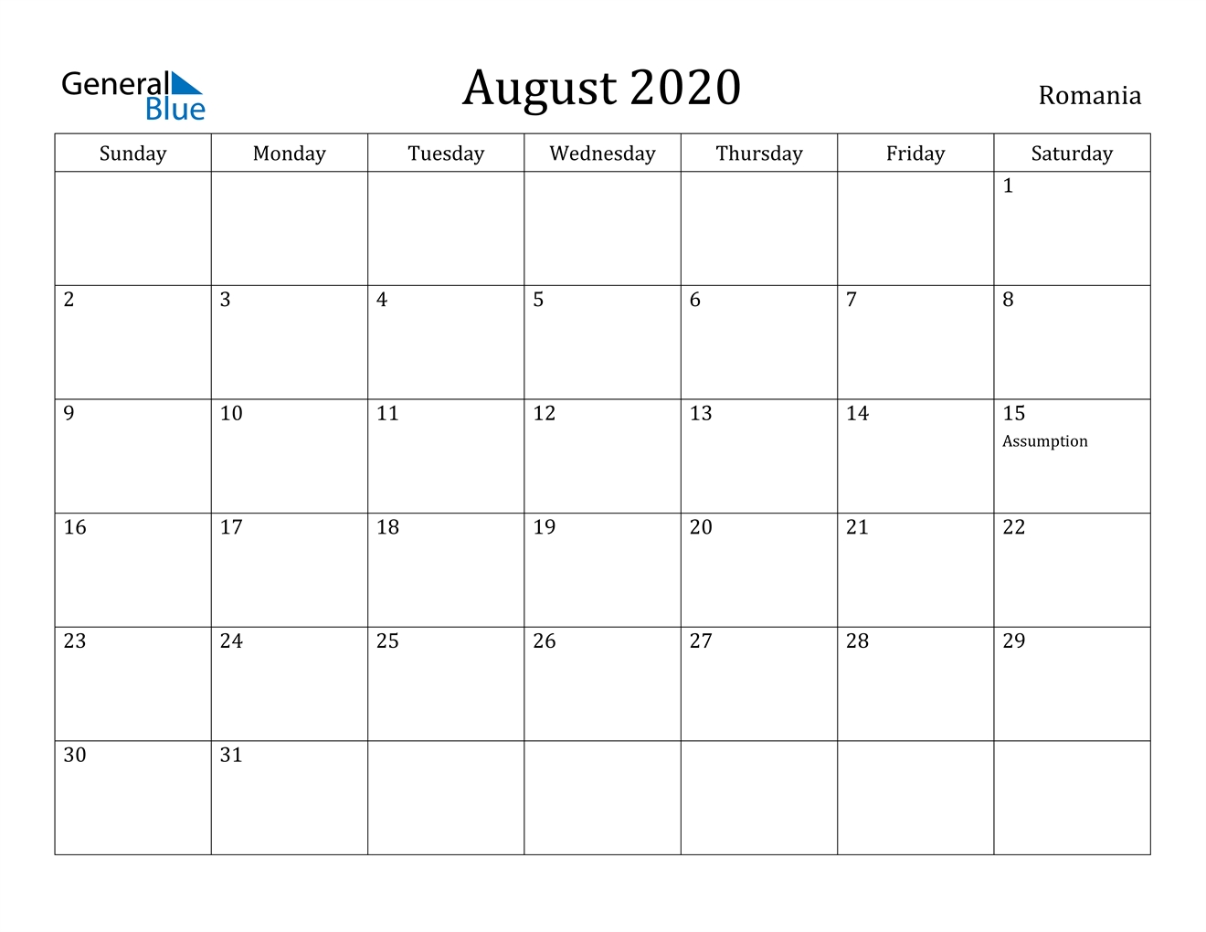 August 2020 Calendar - Romania