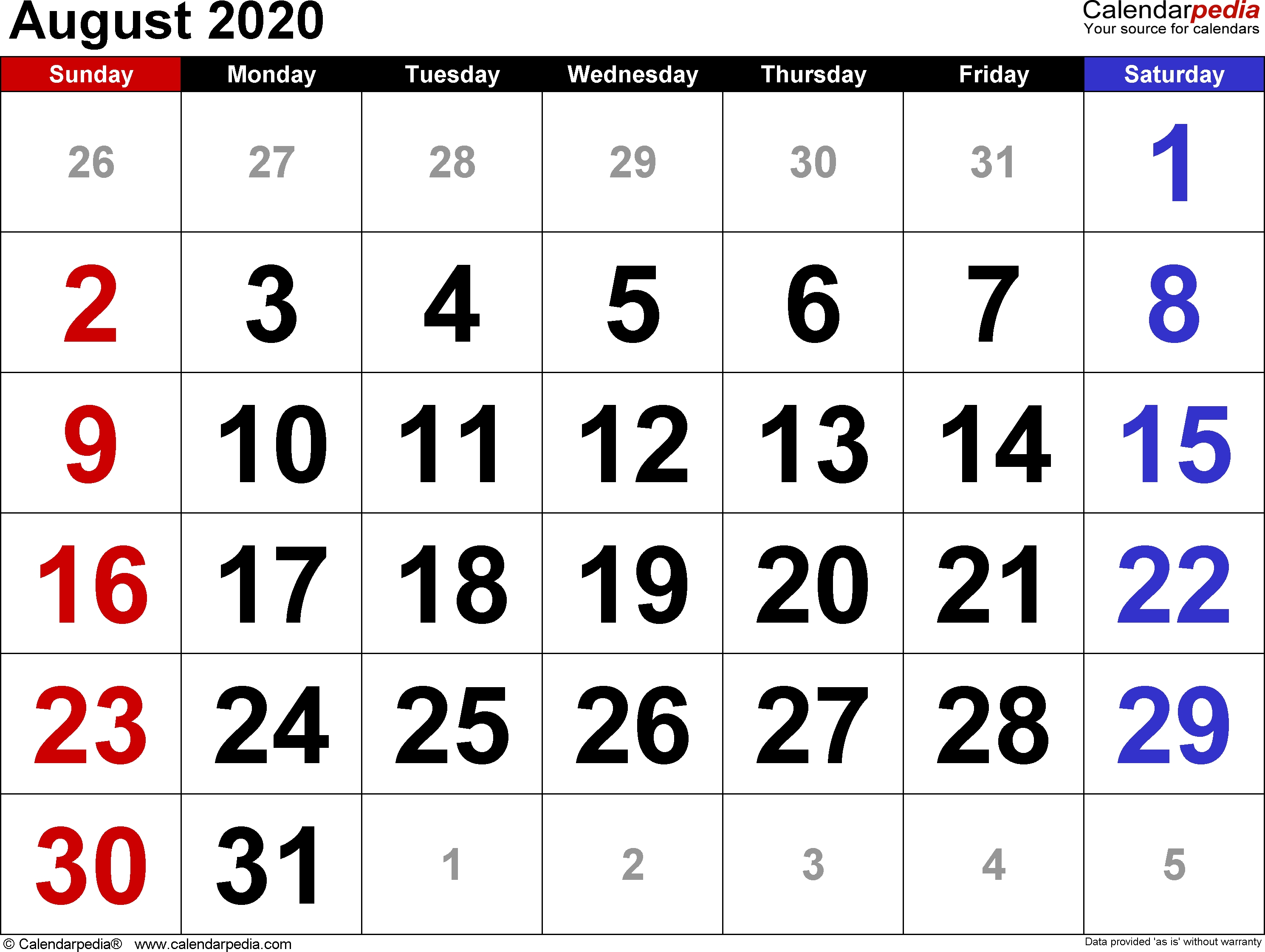 August 2020 Calendars For Word, Excel &amp; Pdf