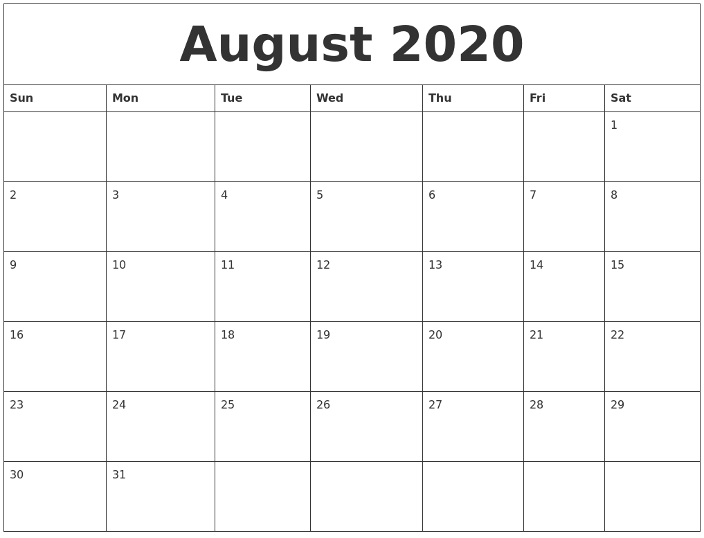 August 2020 Cute Printable Calendar