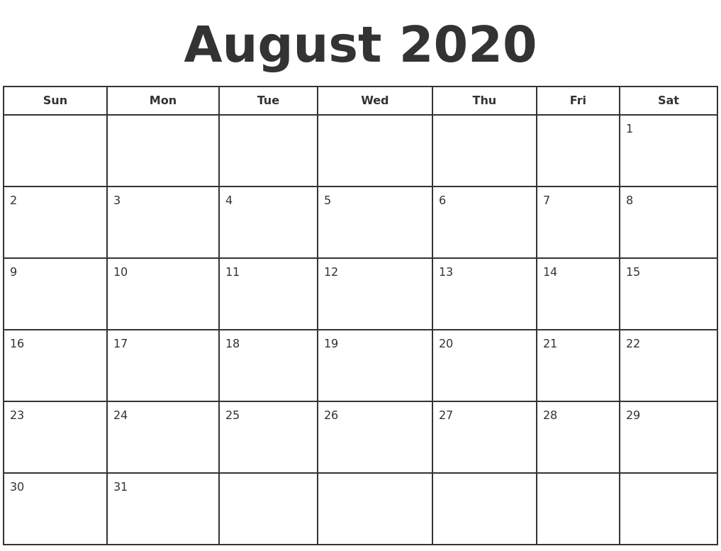 August 2020 Print A Calendar