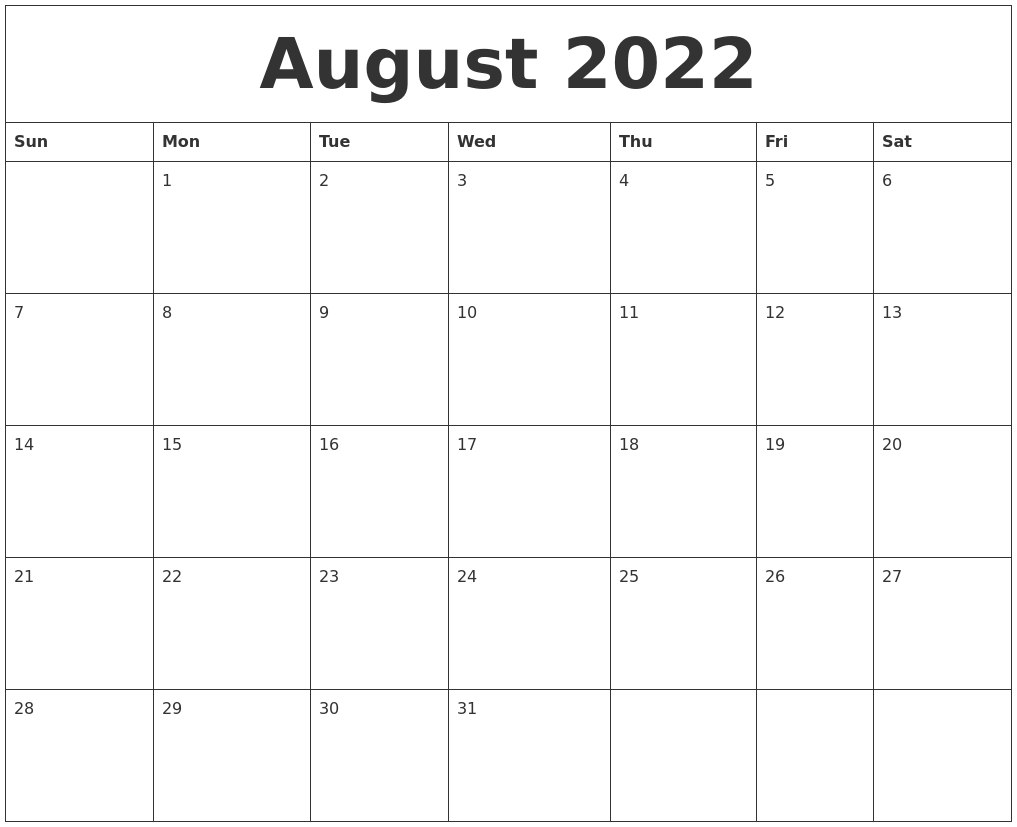 August 2022 Online Printable Calendar