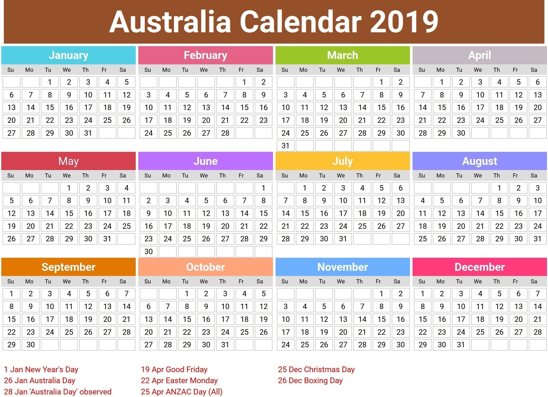 Australia 2019 Calendar With Holidays | Printable Calendar