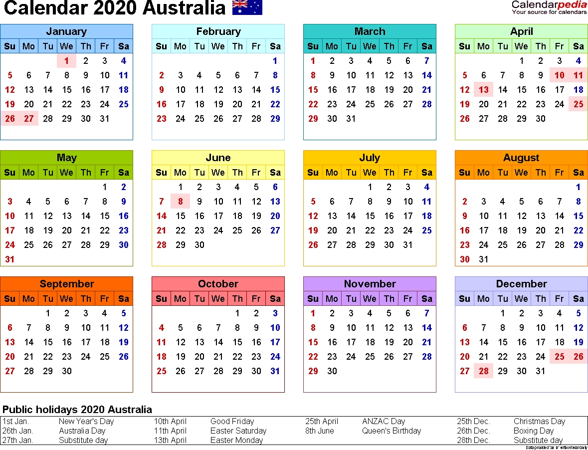 Australia Calendar 2020 - Free Printable Word Templates