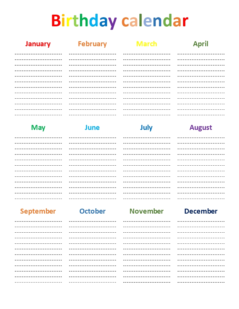 Birthday Calendar Rainbow Color Chart | Templates At