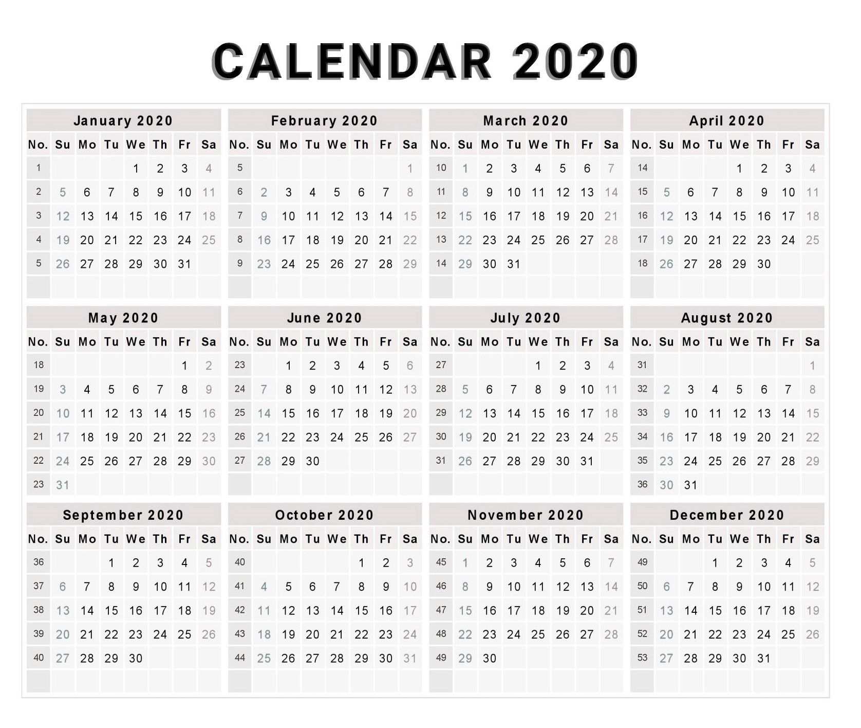 Blank 2020 One Page Calendar Printable | Free Printable