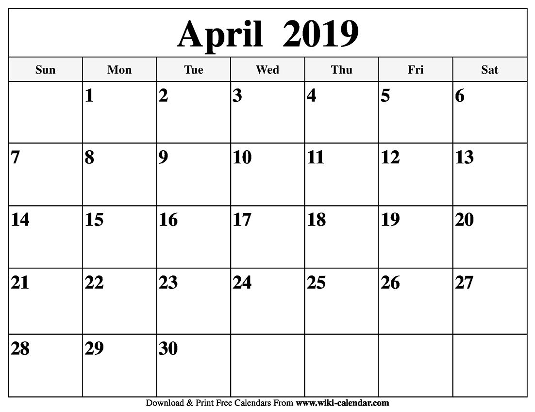 Blank April 2019 Calendar Printable Holidays Template Word