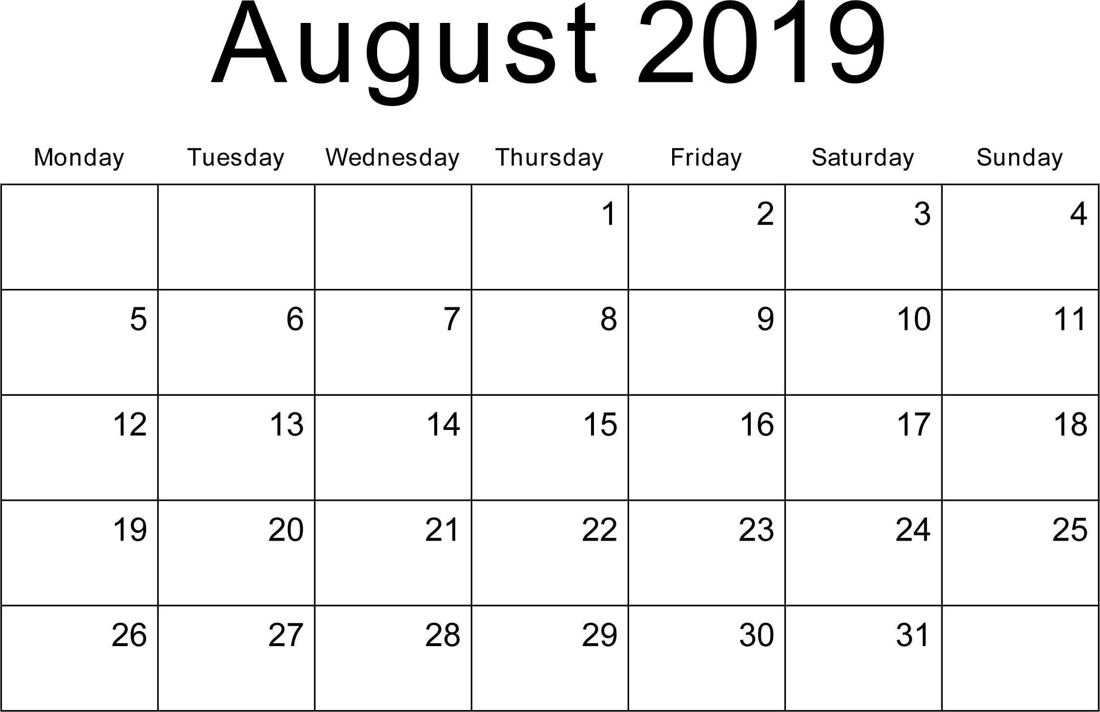 Blank August 2019 Printable Calendar Free | Printable