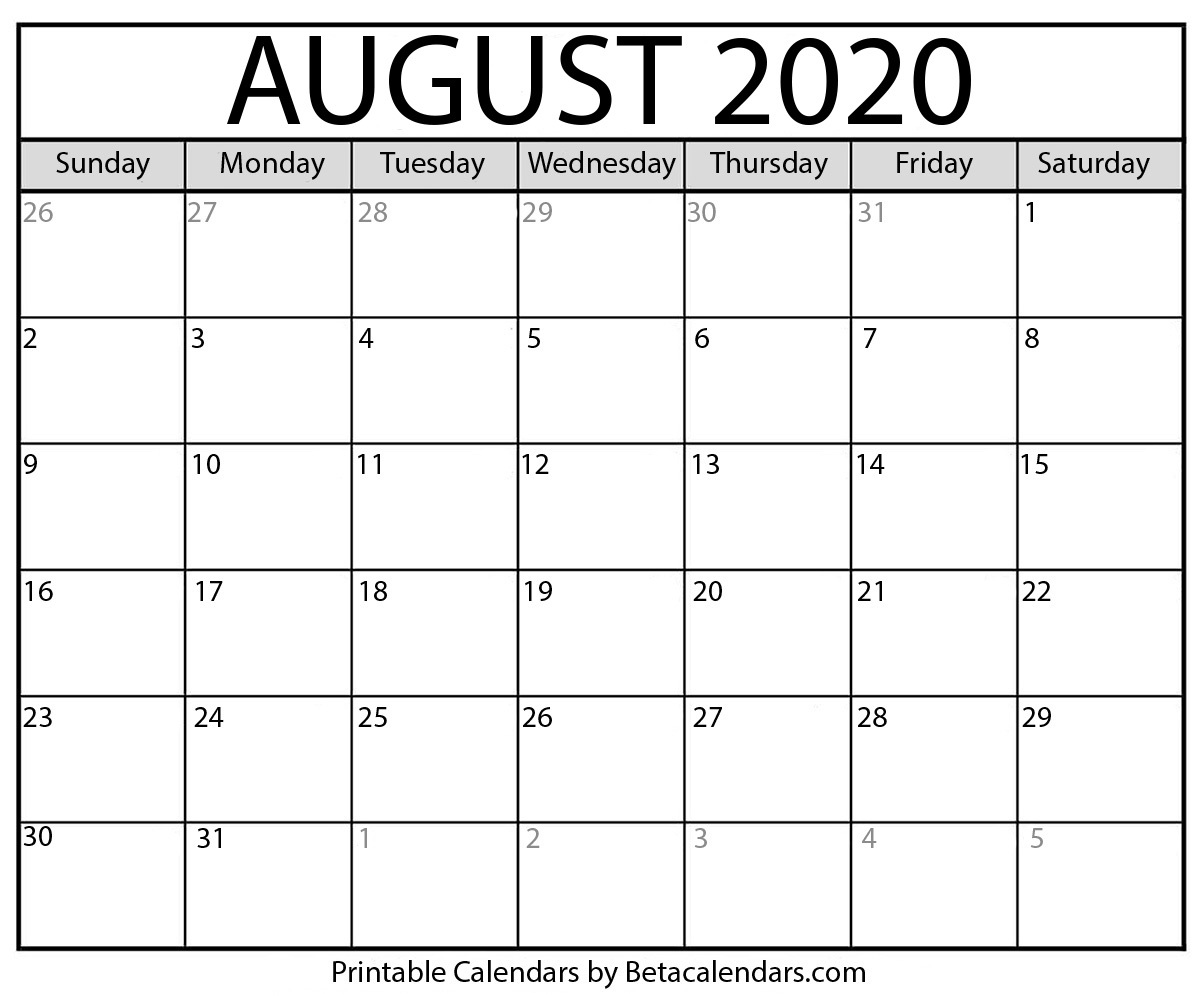 Blank August 2020 Calendar Printable - Beta Calendars