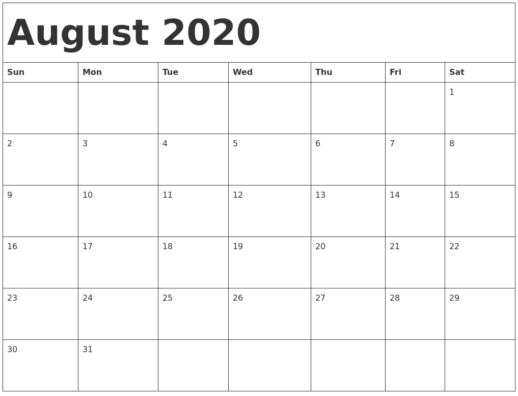 Blank August 2020 Calendar Printable Free Download