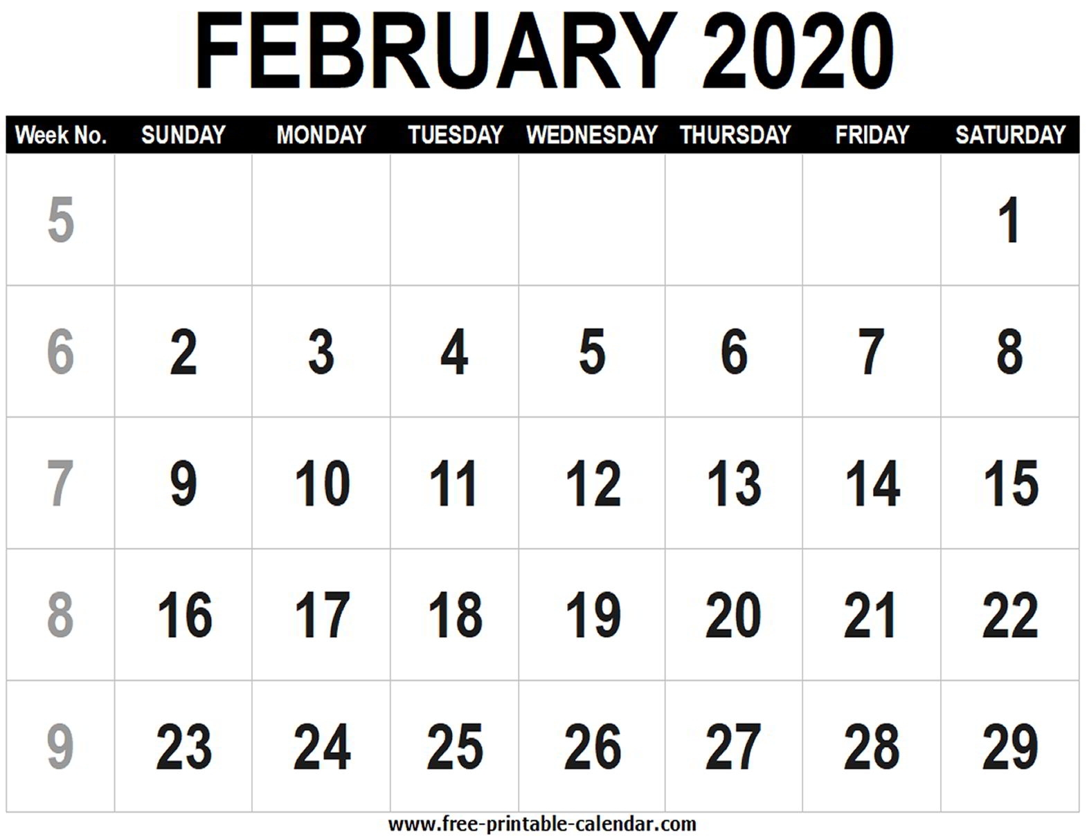 Blank Calendar 2020 February - Free-Printable-Calendar