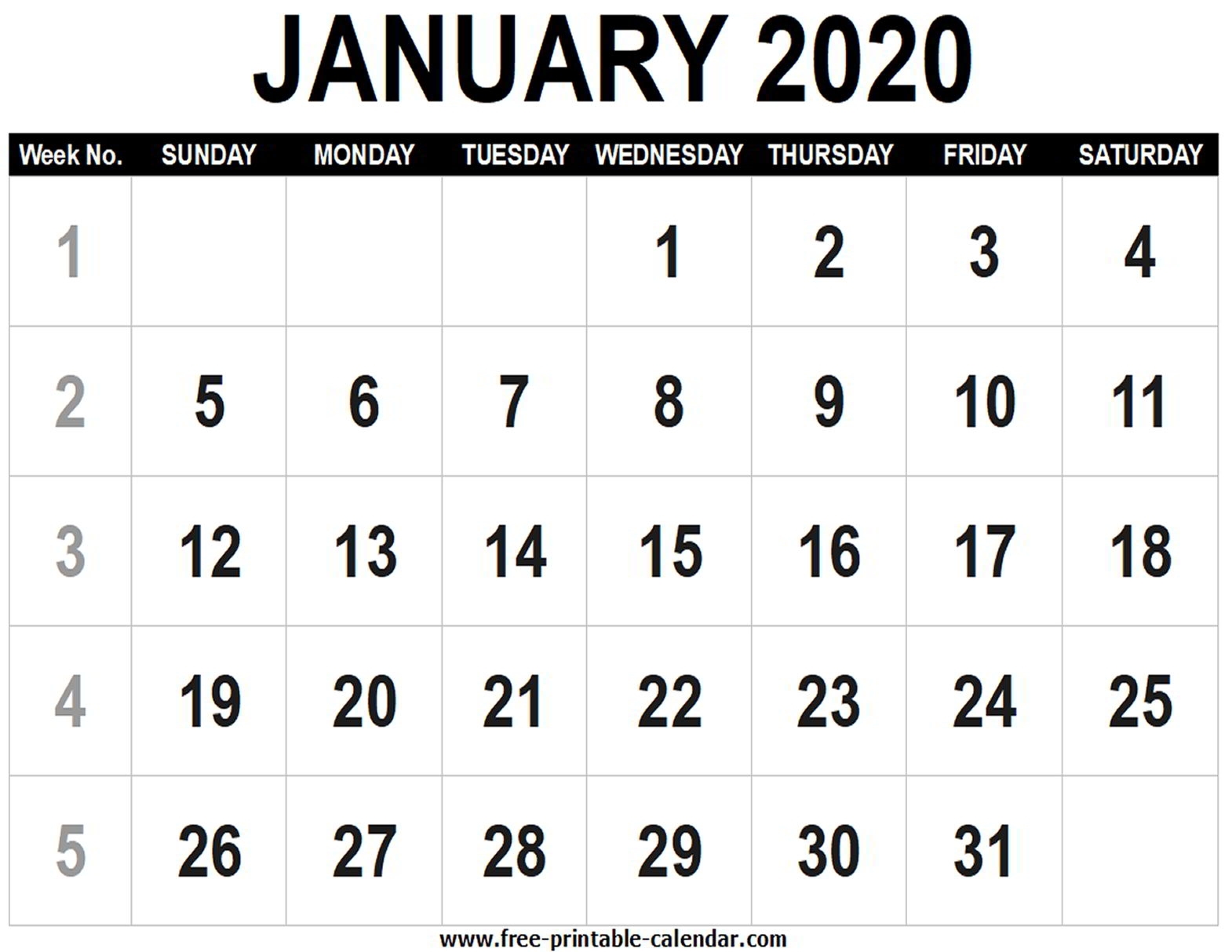 Blank Calendar 2020 January - Free-Printable-Calendar