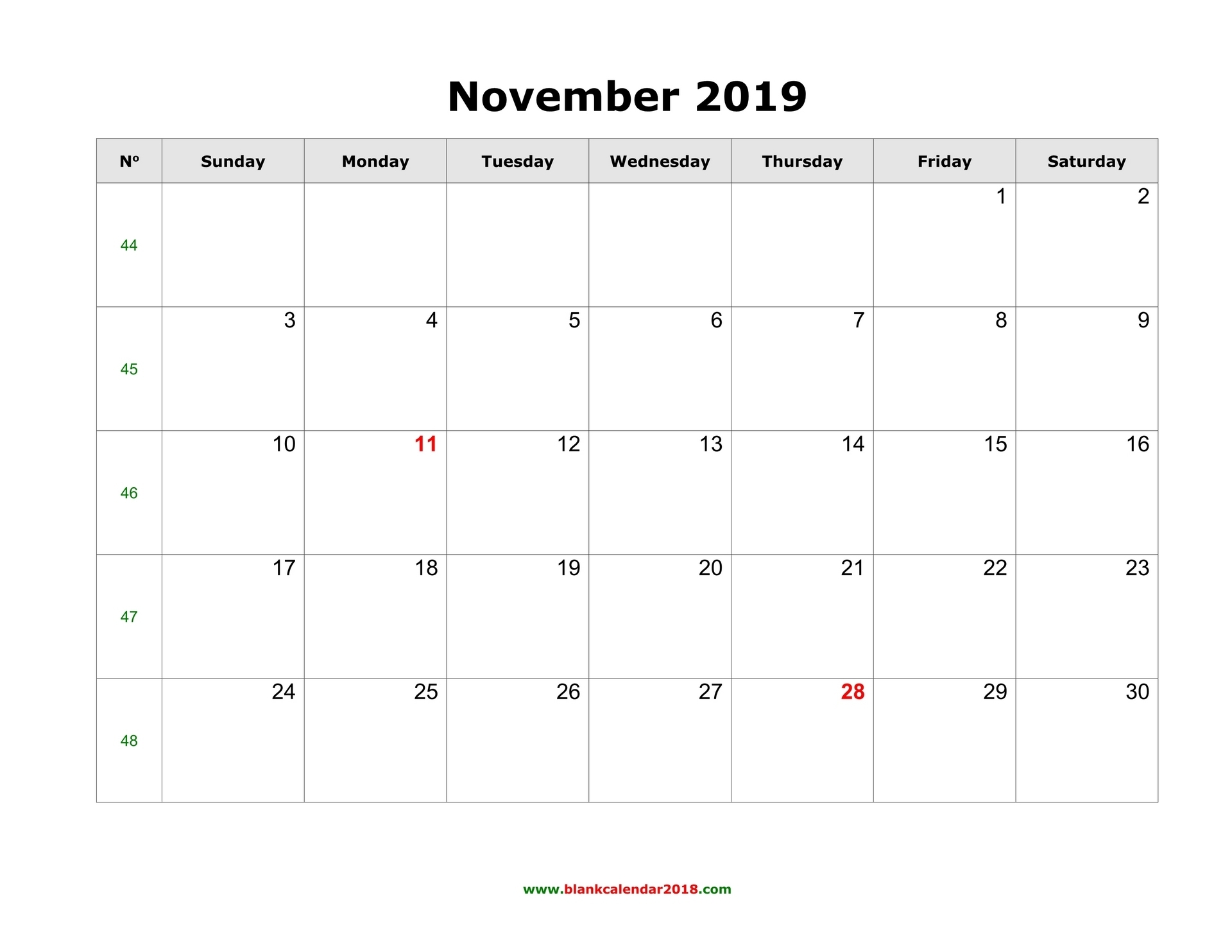 Blank Calendar For November 2019