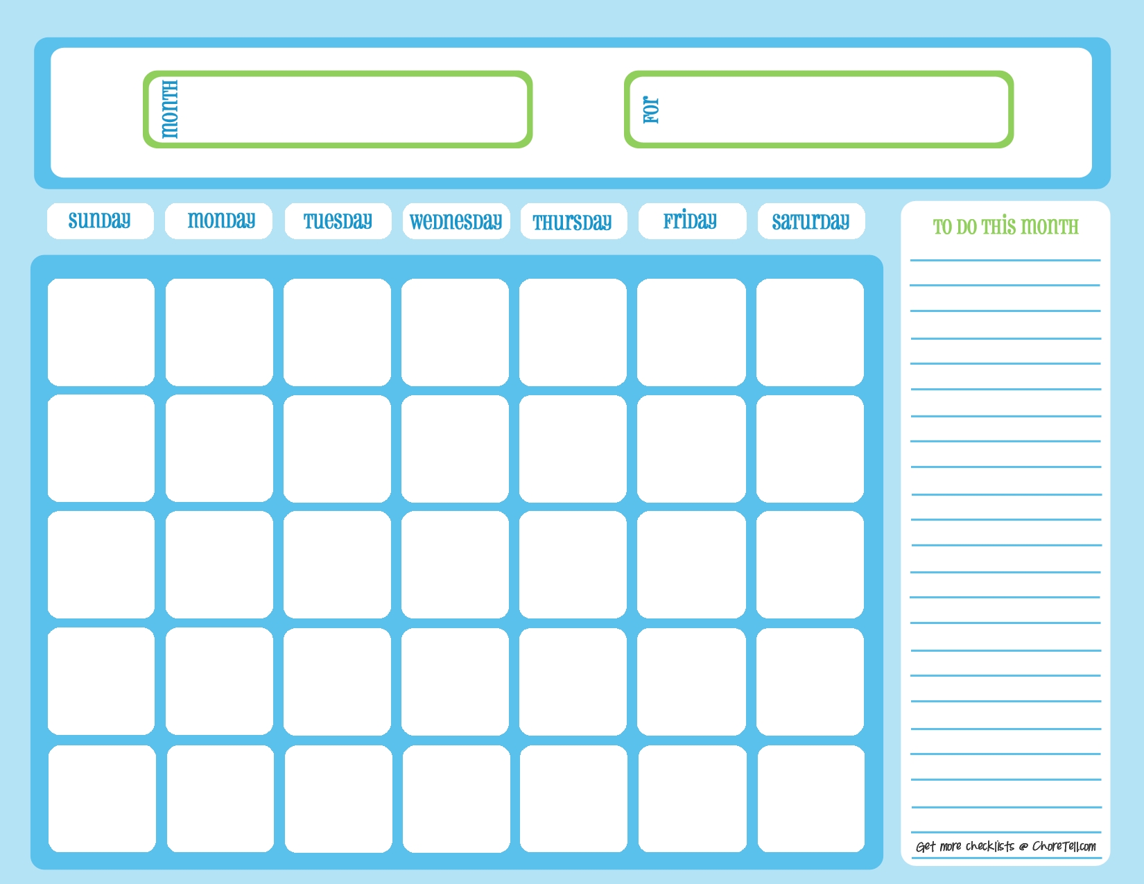 Blank Chore Calendar, Blue On Light Blue | Free Printable