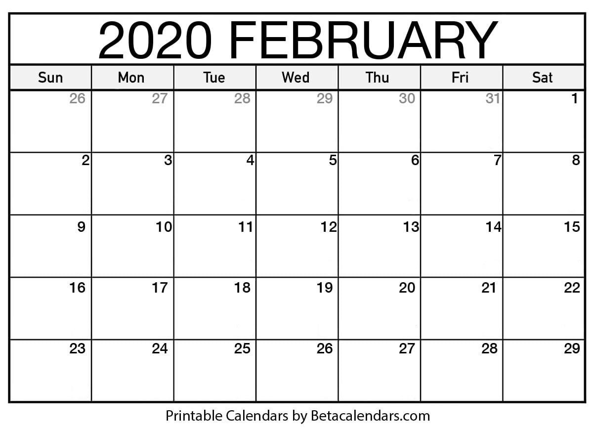 Blank February 2020 Calendar Printable - Beta Calendars