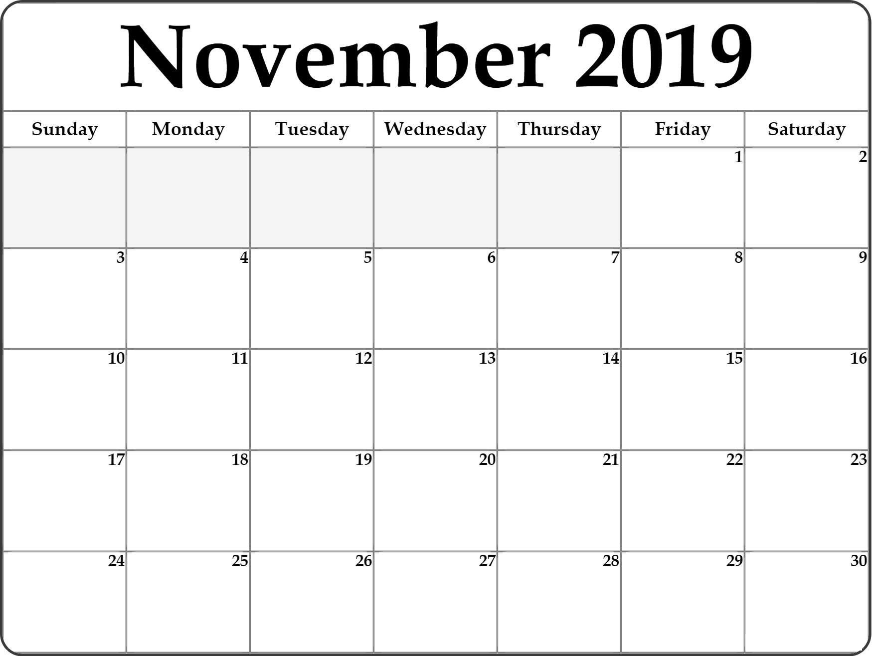 Blank November 2019 Calendar Large Print - Free August 2019