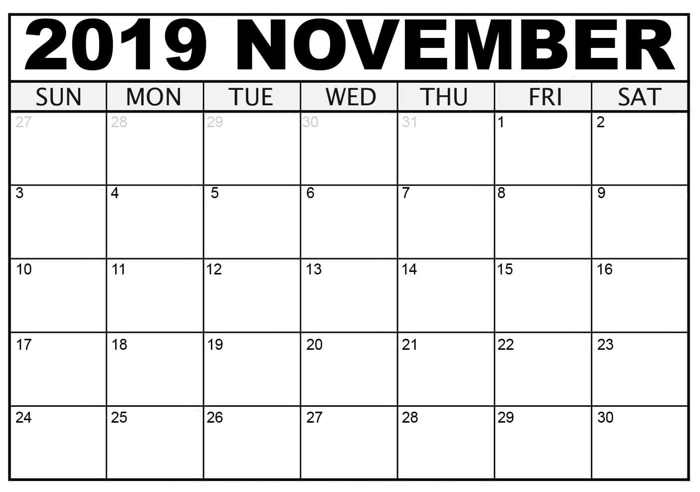 Blank November Calendar 2019 Printable Template Pdf Word