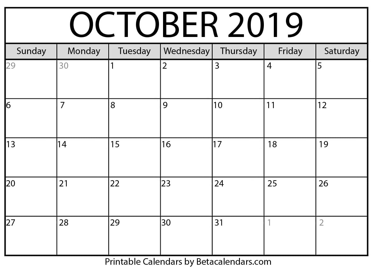 Blank October 2019 Calendar Printable - Beta Calendars