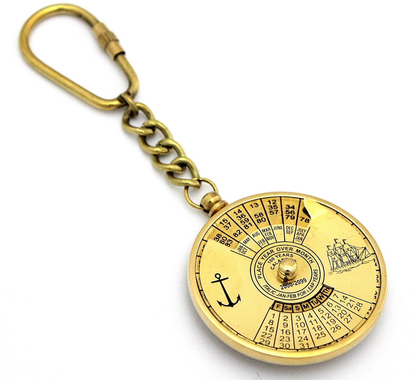 Brass 100 Years Perpetual Calendar &amp; World Timer Keyring