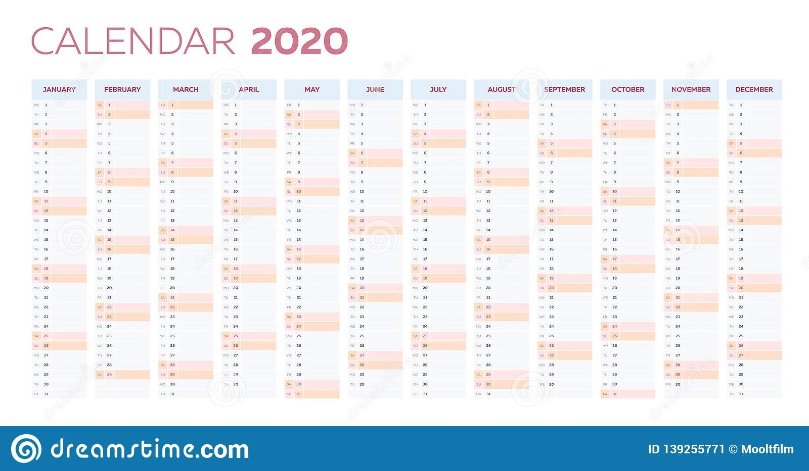 Business Planner Calendar Vector Template For 2020 Year